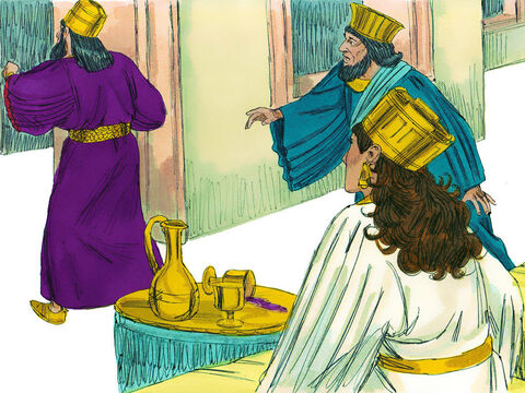 A królowa odpowiedziała: „Naszym wrogiem jest obecny tu Haman, ten zły człowiek”. Hamana ogarnęło przerażenie wobec króla i królowej. A król wstał od uczty i wyszedł do ogrodu pałacowego. Był pełen gniewu.<br/> – Slajd 3