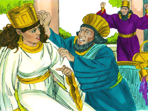 Haman rzucił się na łoże, na którym odpoczywała Estera i zaczął błagać ją o życie. Kiedy król wrócił po pewnym czasie z ogrodu na miejsce uczty i zobaczył Hamana na łożu Estery, zapytał: „Czy jeszcze królową zamierza zgwałcić w mojej obecności w pałacu?”. Natychmiast też straże pochwyciły Hamana, a  jeden ze służących króla doniósł mu, że Haman postawił na dziedzińcu swego domu szubienicę dla Mordochaja. – Slajd 4