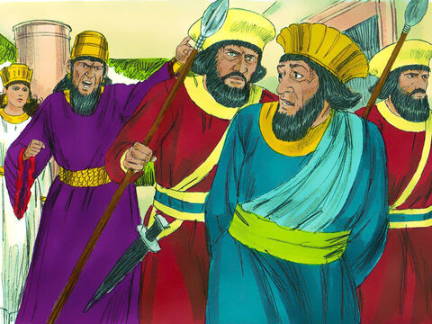 „Powieście go na niej” – rozkazał król. I tak wyprowadzono Hamana i powieszono. Dopiero wtedy król ochłonął z gniewu. – Slajd 5