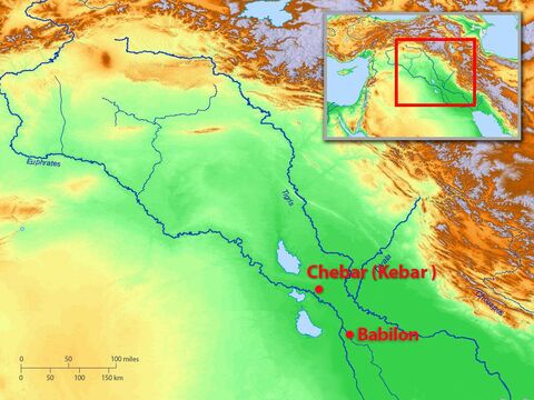 Żydzi zostali zaprowadzeni do Babilonii, gdzie przebywali jako niewolnicy nad rzeką Kebar. (Niektórzy uważają, że Kebar znajdowała się na północy Babilonii, inni – że był to główny kanał Babilonii, odgałęzienie rzeki Eufrat). – Slajd 2