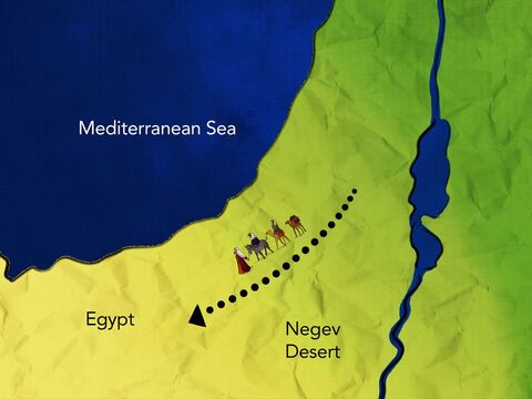 Opuścili więc swoją ziemię, wbrew słowom Boga.<br/>Udali się do Egiptu, gdzie można było znaleźć żywność. – Slajd 2