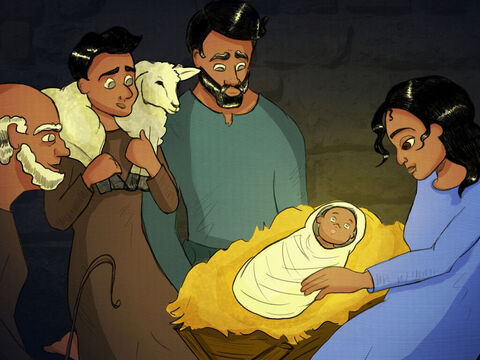 Pasterze pobiegli do Betlejem i znaleźli tam Marię, Józefa i Niemowlę leżące w żłobie. Potem zaczęli opowiadać to, czego dowiedzieli się o Dzieciątku. A wszyscy, którzy o tym usłyszeli, bardzo się dziwili. – Slajd 8