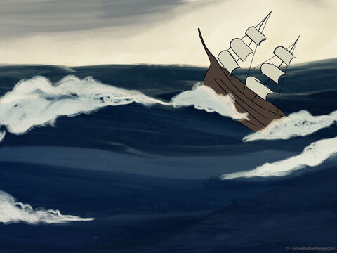 Bóg zesłał silny wiatr, który wzburzył morze.<br/>Wielkie fale gwałtownie uderzały o  statek! – Slajd 12