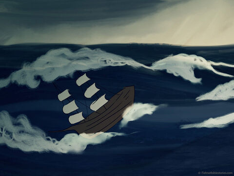 Drżący i przemoczeni żeglarze byli przerażeni.<br/>Wołali do swoich pogańskich bogów o pomoc, ale burza wciąż szalała. – Slajd 13