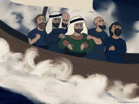 Przerażeni marynarze zawołali: „Jedyny, prawdziwy Boże, zmiłuj się nad nami, bo musimy wyrzucić tego człowieka za burtę!”.<br/>I wrzucili Jonasza do morza. – Slajd 20