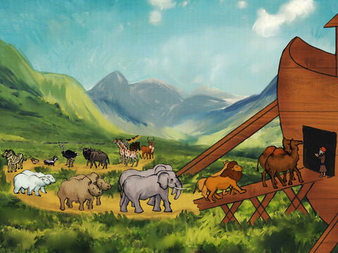 Bóg wezwał zwierzęta, aby weszły do arki. I weszło po parze z każdego rodzaju. – Slajd 6