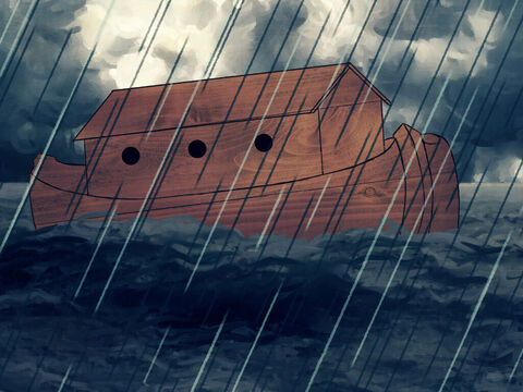 Chmury zakryły niebo i deszcz mocno padał przez czterdzieści dni i nocy. Arka unosiła się na głębokich wodach. W końcu przestało padać i niebo się przejaśniło, ale arka nadal unosiła się na wodzie. – Slajd 1