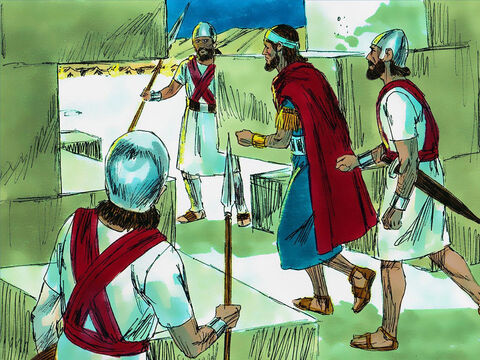 W końcu Babilończycy zrobili wyłom w murze miasta. Tej nocy król Sedecjasz i wielu jego żołnierzy uciekli z miasta i w ciemności przekradli się przez obóz wrogiego wojska. – Slajd 8