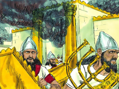 Po wejściu do miasta Babilończycy zrabowali świątynię i zabrali wszystkie przedmioty ze złota, srebra i brązu. Złupili domy. Na koniec podpalili świątynię, pałac i wiele innych budynków. – Slajd 11