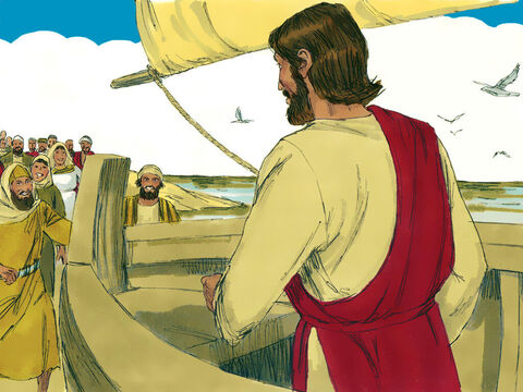 A wielki tłum, w tym wielu pielgrzymów, którzy szli na Święto Paschy do Jerozolimy, widząc odpływającego Jezusa, podążyli za łodzią wzdłuż brzegu. – Slajd 2