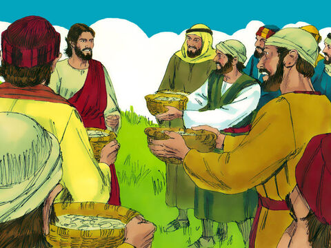 Potem pozbierali resztki jedzenia i napełnili nimi dwanaście koszy. – Slajd 11