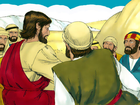 Następnie Jezus ponaglił swoich uczniów, żeby wsiedli do łodzi i popłynęli przed Nim na drugą stronę jeziora. Sam chciał pozostać na miejscu, aby odesłać ludzi do domów. – Slajd 12