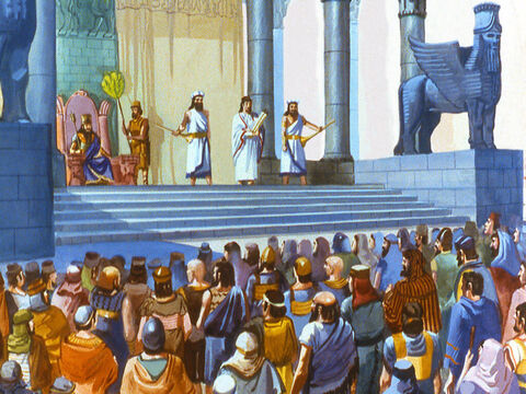 Pewnego dnia król Nebukadnessar wezwał do siebie władców różnych prowincji. Patrzył, jak zbierają się w jego pałacu królewskim. To była wyjątkowa okazja i nikt nie odważyłby się nie przyjść. – Slajd 3