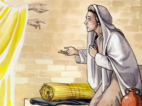 Maria odpowiedziała: „Jestem służebnicą Pana, niech się stanie jak powiedziałeś”. Wtedy anioł odszedł od niej. – Slajd 9