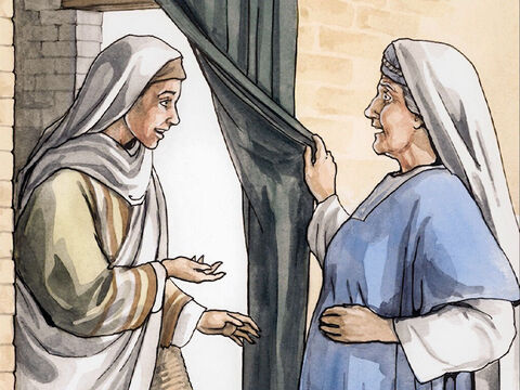 Kiedy Elżbieta usłyszała przywitanie Marii, poruszyło się w niej dziecko i została napełniona Duchem Świętym. Potem zawołała głośno: „Błogosławiona jesteś wśród kobiet i błogosławione jest dziecko w twoim łonie!”. – Slajd 2