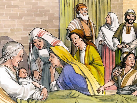 Dla Elżbiety nadszedł czas porodu i urodziła syna. Kiedy jej sąsiedzi oraz krewni usłyszeli o tym, że Pan okazał jej swoje wielkie miłosierdzie, cieszyli się razem z nią. – Slajd 1