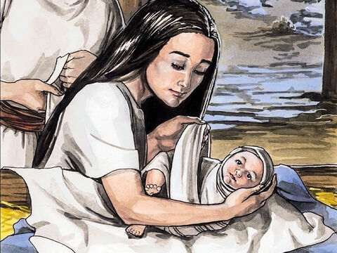Tej nocy Maria urodziła swego pierworodnego syna. Owinęła Go w pieluszki i położyła w żłobie, bo nie było dla nich nigdzie miejsca, aby mogli przenocować. Więc spędzili tę noc w stajni, ze zwierzętami. – Slajd 5