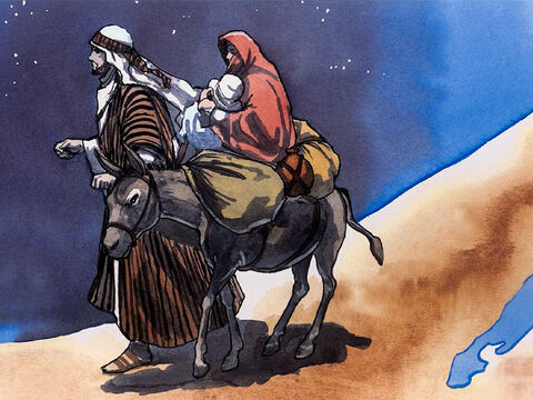 Józef wstał jeszcze tej nocy, zabrał Dziecko oraz Jego matkę i wyruszył do Egiptu. Przebywał tam aż do śmierci Heroda. A to wszystko stało się, aby wypełniły się słowa Pana wypowiedziane przez proroka: „Z Egiptu wezwałem Mojego Syna”. – Slajd 2