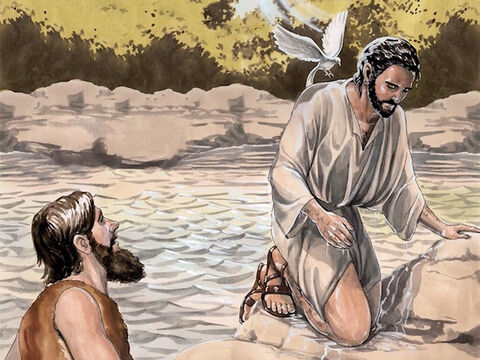 Zaraz po chrzcie Jezus wyszedł z wody. Wtedy otworzyło się nad Nim niebo i zobaczył Ducha Bożego, który zstąpił na Niego w postaci gołębicy. – Slajd 5