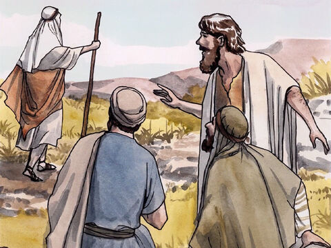 Następnego dnia po chrzcie Jezusa, Jan  stał ze swoimi dwoma uczniami. Wpatrując się w Jezusa, kiedy Ten przechodził, powiedział: „Spójrzcie, to jest  Baranek Boży!”. – Slajd 1