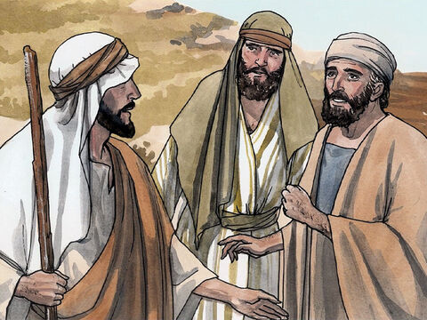 Kiedy uczniowie Jana to usłyszeli, poszli za Jezusem. Jezus odwrócił się, zobaczył ich idących za nim i odezwał się: „Czego szukacie?”. Oni odpowiedzieli Mu: „Rabbi” (to znaczy Nauczycielu), gdzie mieszkasz?”. – Slajd 2