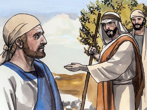 Następnego dnia Jezus chciał udać się to Galilei. Spotkał Filipa i powiedział do niego: „Chodź za mną”. (Filip pochodził z Betsaidy, miasta Andrzeja i Piotra). – Slajd 6