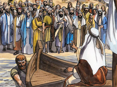 Jezus wszedł do jednej z nich, która należała do Szymona i poprosił go, aby nieco odpłynął od brzegu. – Slajd 3