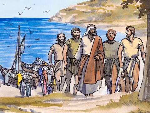 Potem rybacy wyciągnęli łodzie na ląd, zostawili wszystko i poszli za Jezusem. – Slajd 11