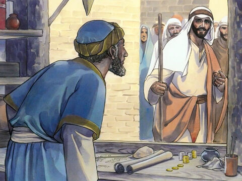 Pewnego razu Jezus poszedł do miasta Kafarnaum. Zobaczył tam Mateusza, poborcę podatków siedzącego przy stole celnym. – Slajd 1