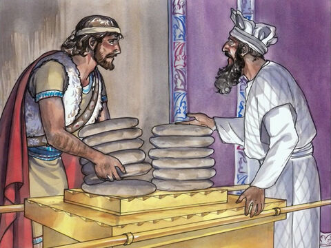 Jezus im odpowiedział: „Czy nie czytaliście o tym, co zrobił Dawid, kiedy był głodny, on sam i jego towarzysze? O tym, jak wszedł do domu Bożego...”. – Slajd 4