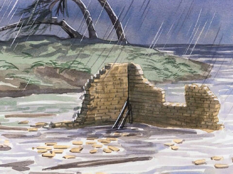 „Spadł ulewny deszcz, wezbrały rzeki, zerwały się silne wiatry i uderzyły w ten dom, a on się zawalił. Upadek zaś jego był wielki”. – Slajd 6