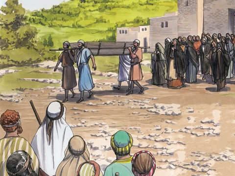 Pewnego dnia Jezus poszedł do miasta o nazwie Nain. Razem z Nim szli Jego uczniowie i wielki tłum. – Slajd 1