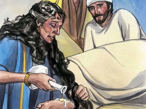 Potem Jezus wskazał na kobietę i powiedział: „Widzisz tę kobietę? Gdy wszedłem do twego domu, nie podałeś Mi wody do obmycia stóp z kurzu. Ona za to łzami oblała moje stopy i wytarła swoimi włosami”. – Slajd 8