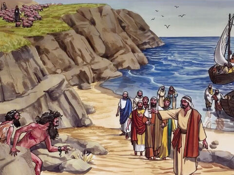 Jezus przybył na drugą stronę Jeziora Galilejskiego, do kraju Gadareńczyków. – Slajd 1