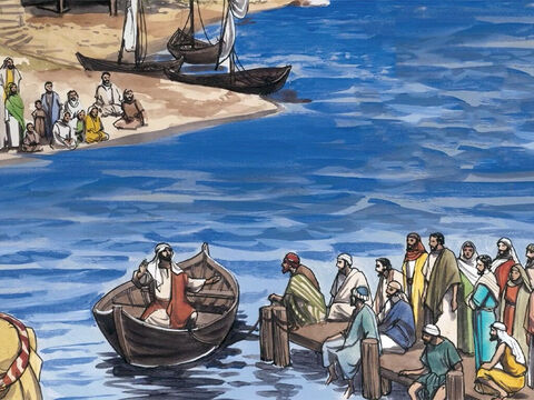 Kiedy Jezus był nad Jeziorem Galilejskim, zgromadził się wokół Niego tłum ludzi, aby słuchać Jego nauczania. Dlatego Jezus wsiadł do łodzi... – Slajd 1
