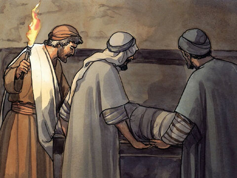 Potem przyszli uczniowie Jana, zabrali jego ciało i złożyli w grobie. – Slajd 12