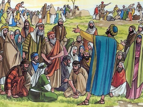 Jezus powiedział: „Każcie ludziom usiąść!”. (A miejsce to obficie porastała trawa). Usiedli więc, a liczba samych mężczyzn wynosiła około pięciu tysięcy. – Slajd 6