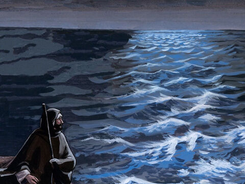 Gdy zapadł zmrok, Jezus był sam. Uczniowie zaś na jeziorze, daleko od brzegu, walczyli z falami, ponieważ wiatr był przeciwny. – Slajd 3