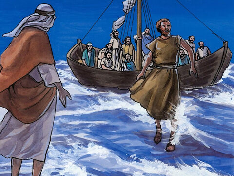 „Chodź!” – odpowiedział Jezus. Piotr wyszedł z łodzi i zbliżył się po wodzie do Jezusa. – Slajd 7