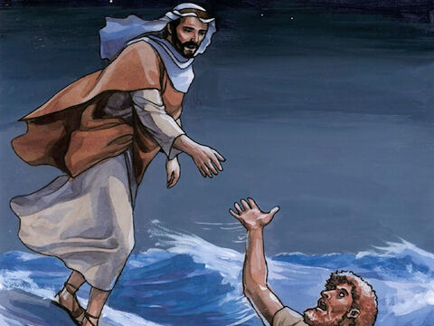 Jezus natychmiast wyciągnął rękę, chwycił go i powiedział: „Człowieku małej wiary! Dlaczego zwątpiłeś?”. – Slajd 9