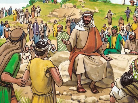 Jezus przywołał swoich uczniów i powiedział do nich: „Bardzo mi żal tych ludzi. Już trzy dni przebywają ze Mną, a nie mają co jeść. Jeśli odeślę ich głodnych do domu, w drodze zasłabną. Niektórzy bowiem przyszli tu z daleka”. – Slajd 2