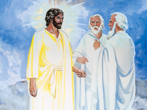 Kiedy się modlił, Jego twarz zmieniła się, a szaty stały się olśniewająco białe. W chwale ukazali się dwaj mężczyźni: Mojżesz i Eliasz, i rozmawiali z Jezusem. Mówili o Jego odejściu, które miało nastąpić w Jerozolimie. – Slajd 2