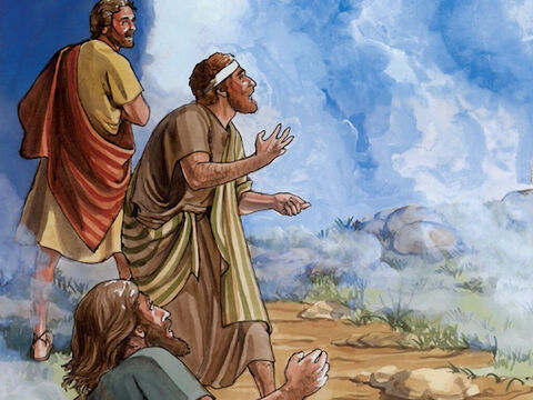 Gdy ci oddalali się od Jezusa, Piotr nie wiedząc z wrażenia, co mówi, zaproponował: „Mistrzu, dobrze, że tu jesteśmy. Postawmy trzy namioty: dla Ciebie, dla Mojżesza i dla Eliasza”. – Slajd 5
