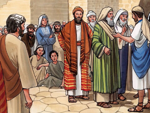 Po tym jak Jezus zabrał Piotra, Jakuba i Jana na górę i został w ich obecności przemieniony, zeszli na dół. Czekał tam na nich wielki tłum. – Slajd 1