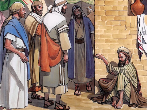 Pewnego razu, kiedy Jezus przechodził przez Jerozolimę, zobaczył człowieka niewidomego od urodzenia. Uczniowie zapytali: „Nauczycielu, kto zgrzeszył, on czy jego rodzice, że się urodził niewidomy?”. – Slajd 1