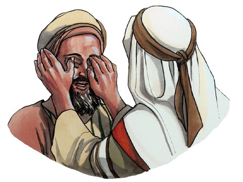 Potem splunął na ziemię i uczynił błoto ze śliny. Pomazał nim oczy niewidomego i powiedział: „Idź i obmyj się w sadzawce Siloe”. („Siloe” oznacza „posłany”). – Slajd 4