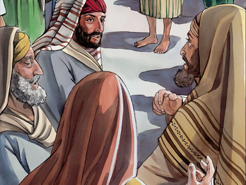 Potem zaprowadzono uzdrowionego do faryzeuszy. (A właśnie tego dnia, kiedy Jezus zrobił błoto i uzdrowił niewidomego, był szabat). Wtedy faryzeusze z kolei pytali go, w jaki sposób odzyskał wzrok. – Slajd 11