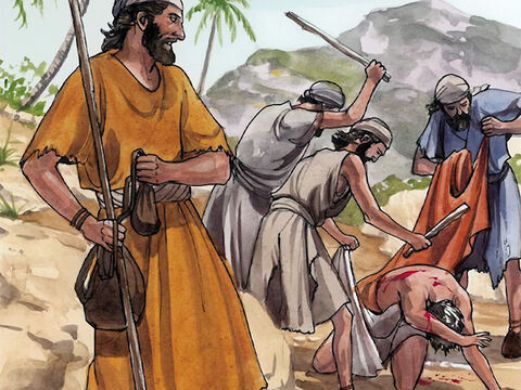 „Po drodze wpadł w ręce zbójców, którzy go obrabowali i pobili”. – Slajd 5