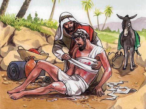 „... Ulitował się. Podszedł do niego, opatrzył mu rany, zalewając je oliwą i winem”. – Slajd 12