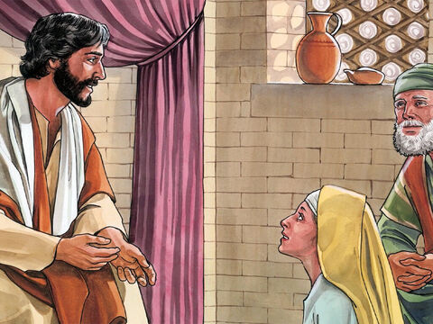 Jej siostra, Maria, usiadła u stóp Jezusa i słuchała Go. – Slajd 3